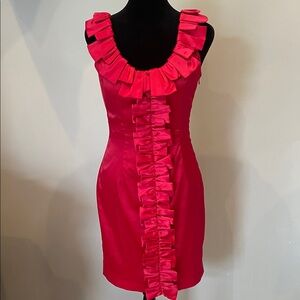 Elegant Red Ruffle Dress slim fit zips on side small